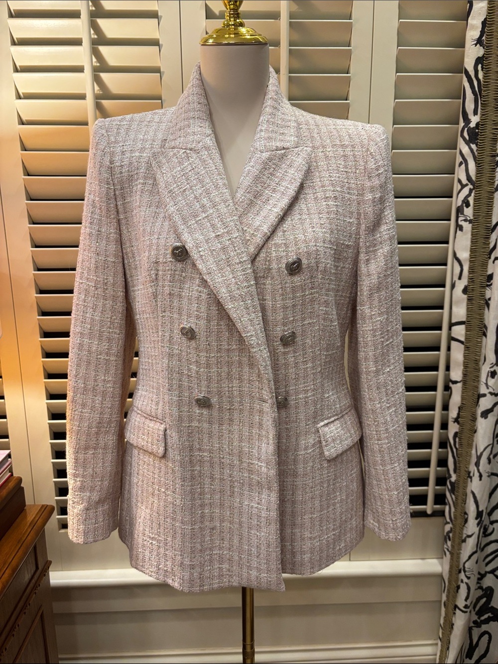 Zara Double-Breasted Tweed Blazer in Pale Pink and Cream